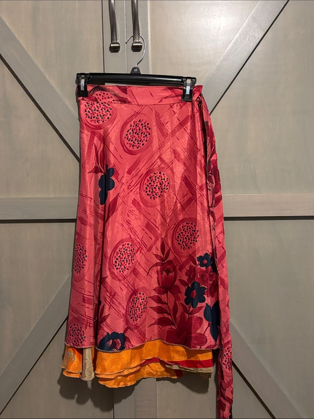 Red Floral A-Line Wrap Skirt with Contrast Hem